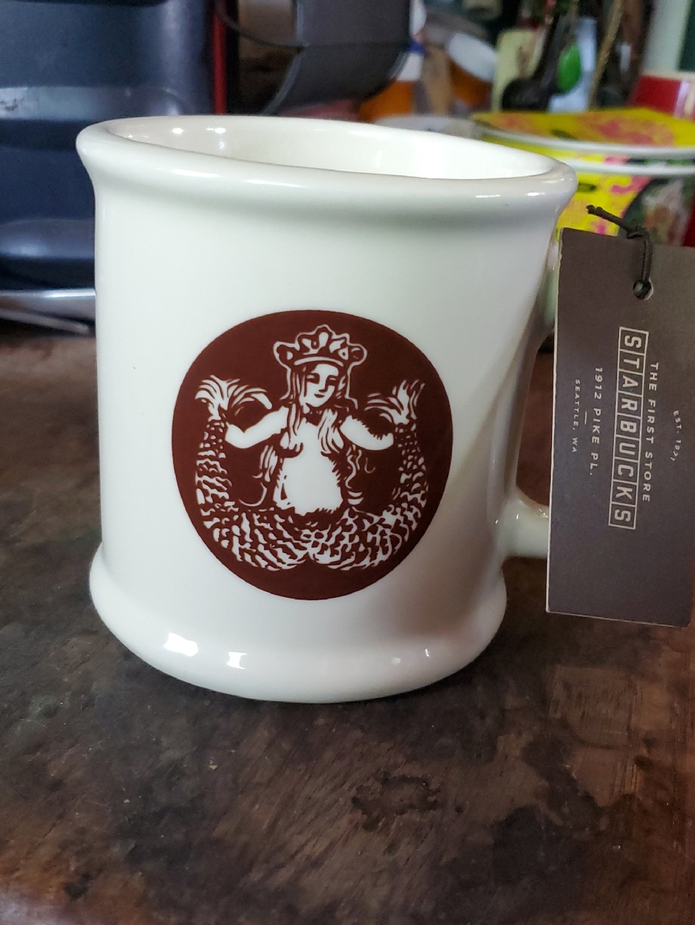 Starbucks Ceramic Mug in Cream with Melusine the Siren Emblem and Pike Place Mar